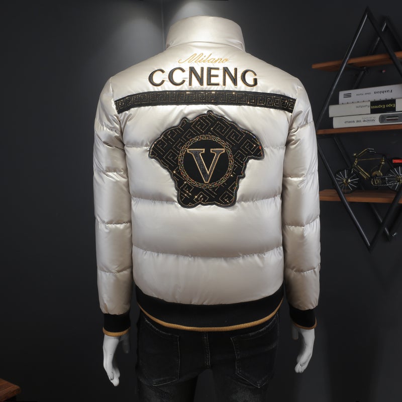 European Goods 2024 Winter New Men'S Fashion White Duck Down Rhinestone Embroidered Stand Collar Down Jacket Warm Coat - Image 5